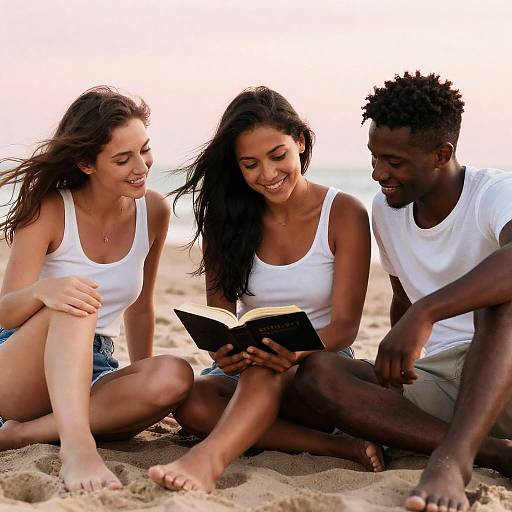 Photograph of three young adults—two women and one man—sitting on a sandy beach, laughing and reading a book together, all wearing white