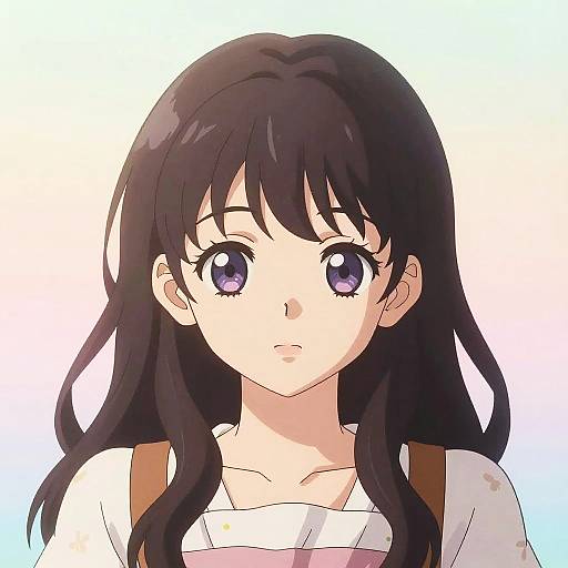 Digital anime-style portrait of a young girl with long black hair, large purple eyes, and a white top, set against a gradient white-to-blue background