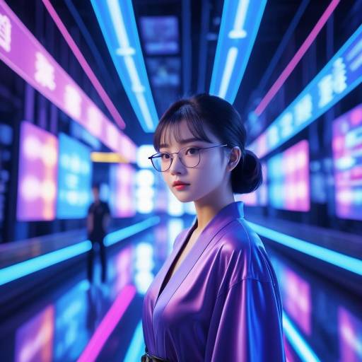 Cyberpunk Woman in Purple Cheongsam with Glasses