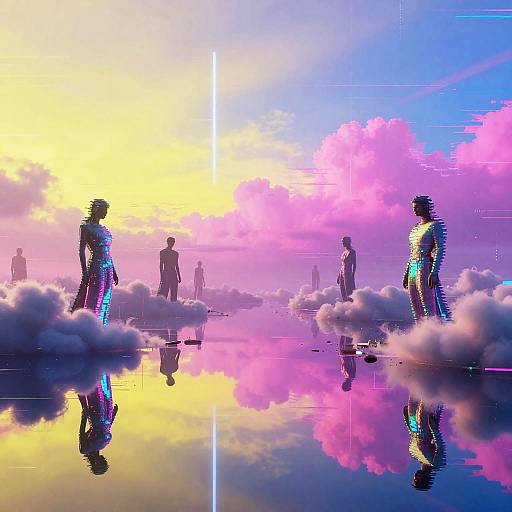 Digital artwork of neon-lit silhouettes standing on clouds, reflected in a mirror-like surface, against a vibrant sunset sky with pink and yellow clouds