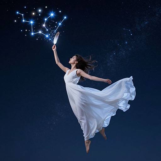 Photograph of a woman in a flowing white dress, floating against a dark blue starry background, conjuring blue star-like sparks with her right hand