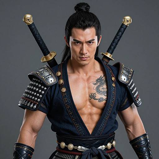Photograph of a muscular, tan-skinned samurai with black hair in a topknot, wearing a deep V-neck black kimono, metal