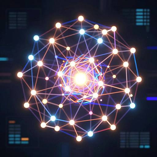 Digital art of a glowing, interconnected 3D sphere with white and blue lights against a dark, blurred cityscape background.