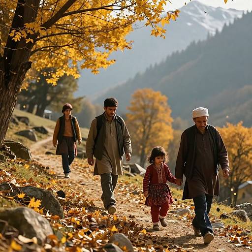 Photograph of a family walking on an autumn path, surrounded by golden leaves, with mountains and trees in the background.