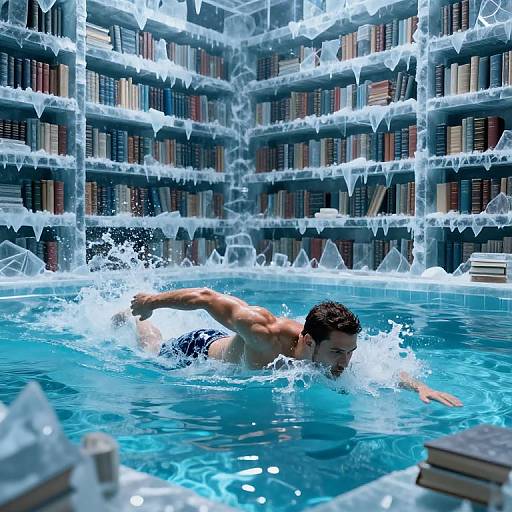 Photograph of a muscular man swimming in a crystallized, icy blue pool surrounded by tall bookshelves filled with books, adorned with icicles.
