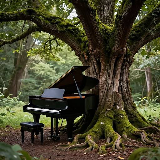 Photograph of a black grand piano with a black bench, nestled under a large, moss-covered tree in a lush, green forest.