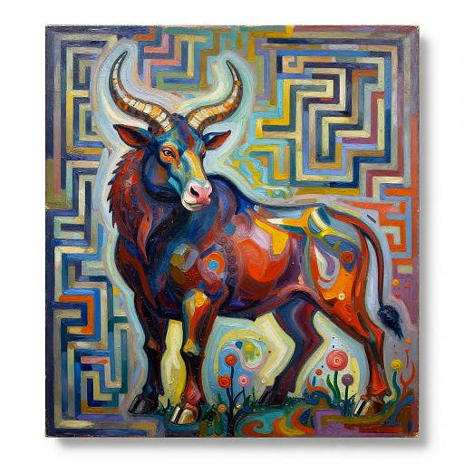 Vibrant digital painting of a colorful, stylized bull with large horns, standing in a maze-like background with abstract, multicolored patterns and