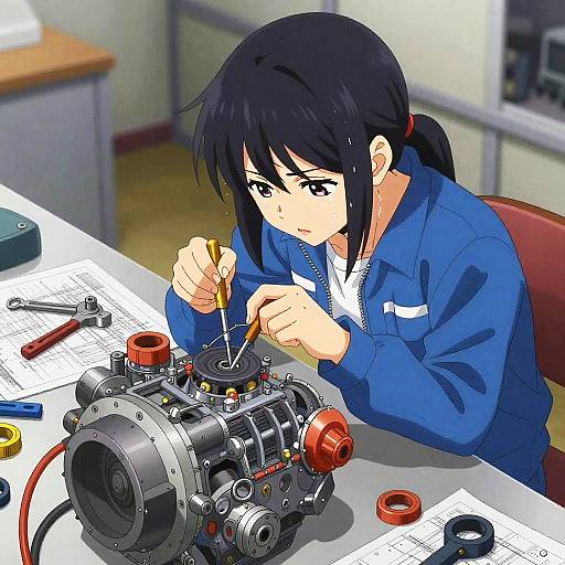 Anime-style digital illustration of a focused, black-haired girl in a blue jacket, repairing a car engine on a workbench.