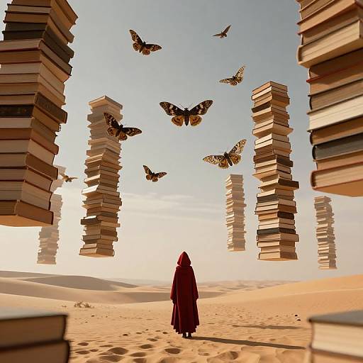 Photograph-like digital art of a cloaked figure in a desert, surrounded by floating stacks of books and soaring butterflies.