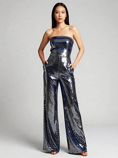Silver Cobalt Striped Sequin Jumpsuit