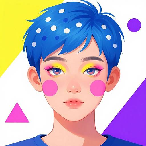Digital anime-style portrait of a young person with blue polka-dotted hair, yellow and pink eyeshadow, pink cheeks, and a calm expression