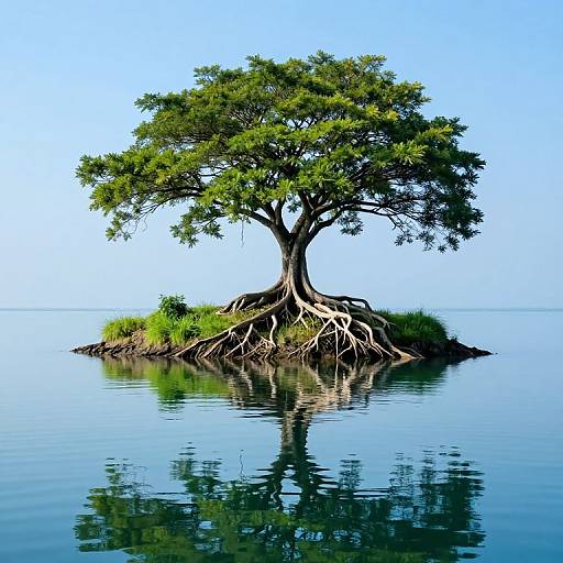 Photograph of a solitary, leafy tree with exposed roots on a small grassy island, reflected in calm, clear blue water.