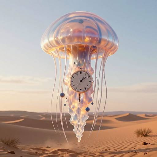 Photorealistic CGI of a transparent jellyfish-shaped clock with a white face and black hands, floating over a desert with sand dunes under a clear