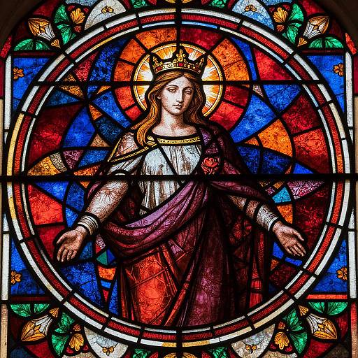 Stained glass artwork of a crowned, serene Madonna with a golden halo, wearing a white and purple robe, surrounded by vibrant red, blue, and