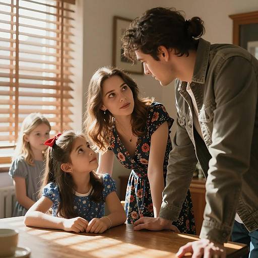 Photograph of a family scene: mother with wavy brown hair in floral dress, father with curly black hair in denim jacket, and two girls,