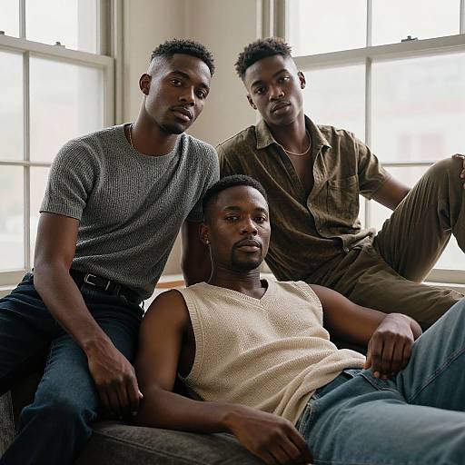 Photograph of three Black men with short hair, sitting in a sunlit room. One in a gray tee, one in a brown shirt, and