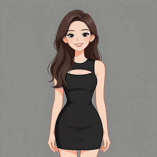 Digital anime-style drawing of a smiling young woman with long dark brown hair, wearing a tight black sleeveless dress, against a gray background.