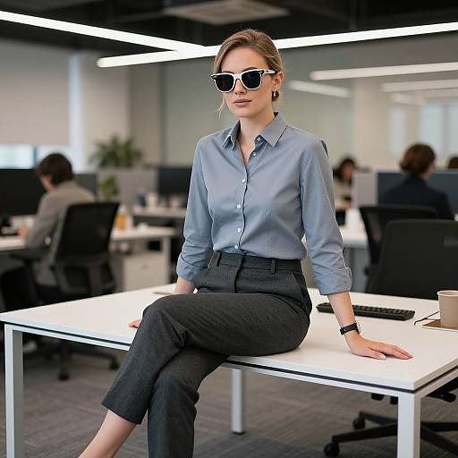 Photograph of a confident woman with light skin, brown hair in a bun, wearing black sunglasses, blue shirt, and black pants, sitting on a