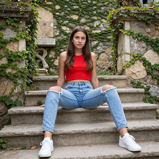 Photograph of a young woman with long brown hair, wearing a red tank top and ripped blue jeans, sitting on stone steps with ivy, white