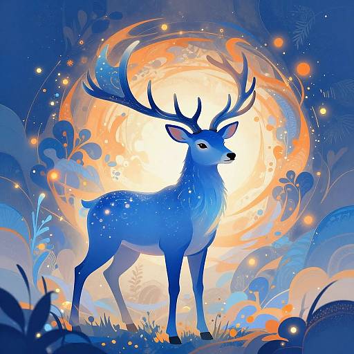 Digital artwork of a glowing blue deer with antlers standing in front of a radiant, swirling orange and white light. Surrounded by blue, orange,