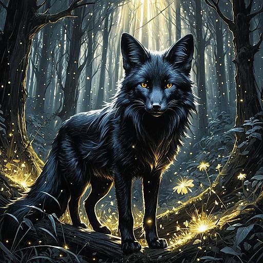 Luminous Black Fox in Enchanted Forest