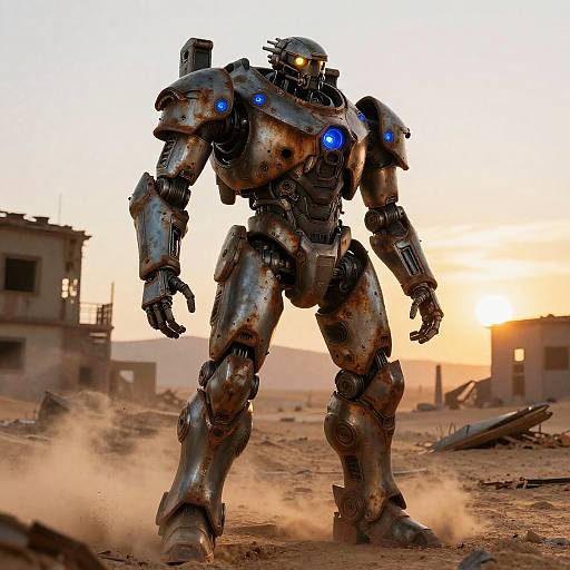Photorealistic CGI of a massive, rusted, blue-accented mecha robot standing in a dusty, ruined desert town at sunset.