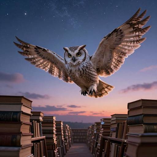 Photograph of a white and brown owl with spread wings flying above stacks of books against a twilight sky with stars.