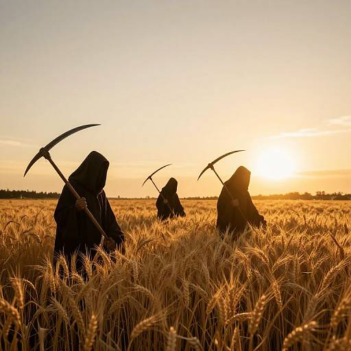 Photograph of two dark-robed figures with scythes standing in a golden wheat field at sunset, silhouetted against a bright orange sky