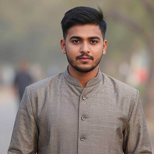 Photograph of a young South Asian man with short black hair, light brown skin, and a trimmed beard, wearing a gray button-up kurta,