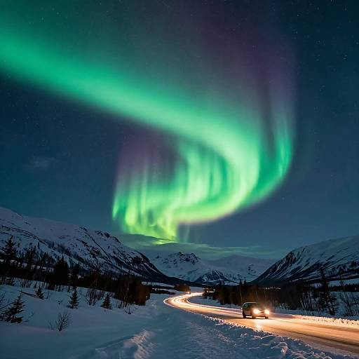 Photograph of vibrant green Northern Lights over snowy mountain landscape, with light trails from car driving on winding road below.