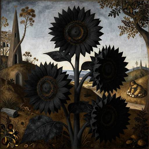 Black Sunflowers in Northern Renaissance Style