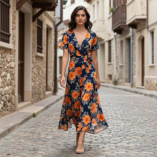 Photograph of a woman with wavy dark hair, wearing a navy floral dress with orange sunflowers, walking down a cobblestone street in a