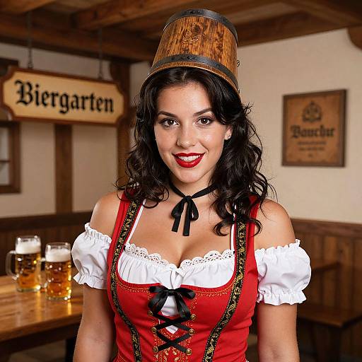 Photograph of a smiling woman with dark curly hair, wearing a traditional German dirndl, red bodice, white lace, and wooden beer stein