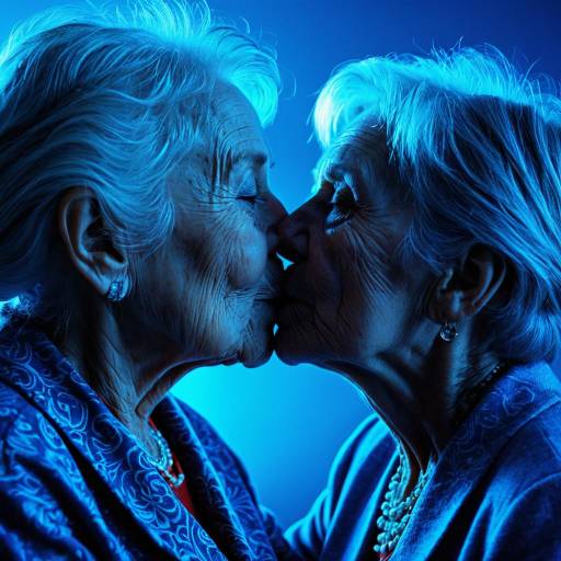 Hyper-Detailed Screen Print of Grandmother Kissing Twins
