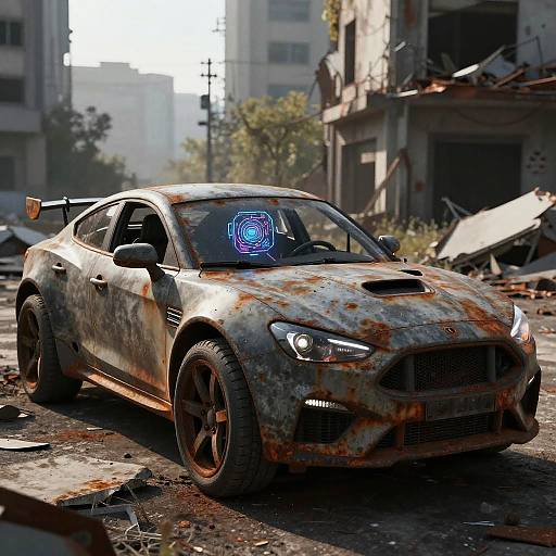 Photograph of a heavily rusted, high-performance sports car with a glowing blue hologram on the windshield, parked amidst urban rubble and dilapidated