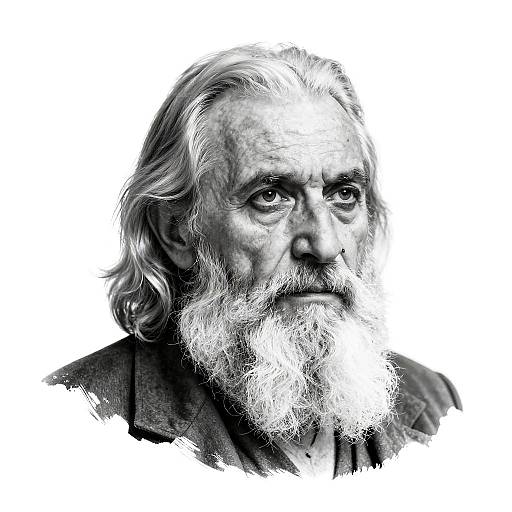 Black-and-white photograph of an elderly man with a long, white beard and wavy hair, wearing a dark jacket, looking pensively to the side