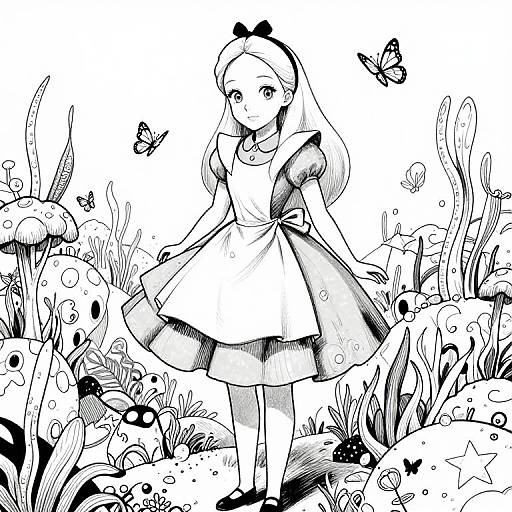 Monochrome manga-style drawing of a young girl in a frilled dress with a bow, standing in a whimsical forest with mushrooms, butterflies, and