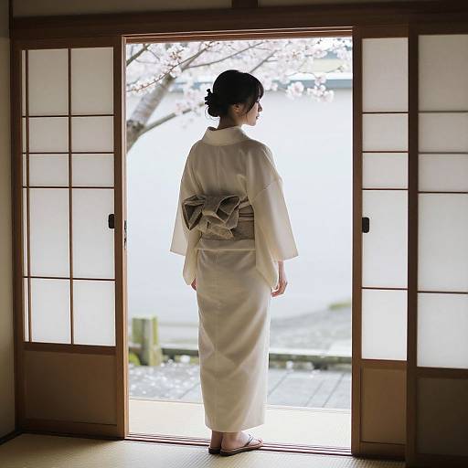 Photograph of a Japanese woman in a white kimono, standing in a doorway, facing a bright, sunlit garden outside.