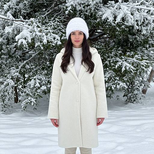 Photograph of a young woman with long black hair, wearing a white fur hat and long white coat, standing in a snowy forest with snow-covered trees