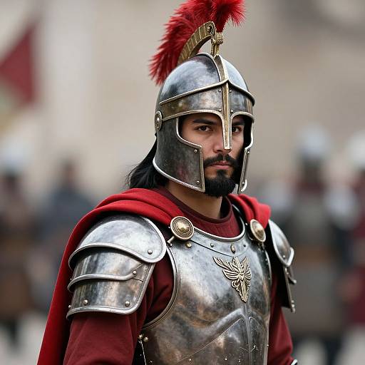 Photograph of a bearded man in ancient Roman-style armor with a red feathered helmet, silver breastplate, and red cape, standing amidst a