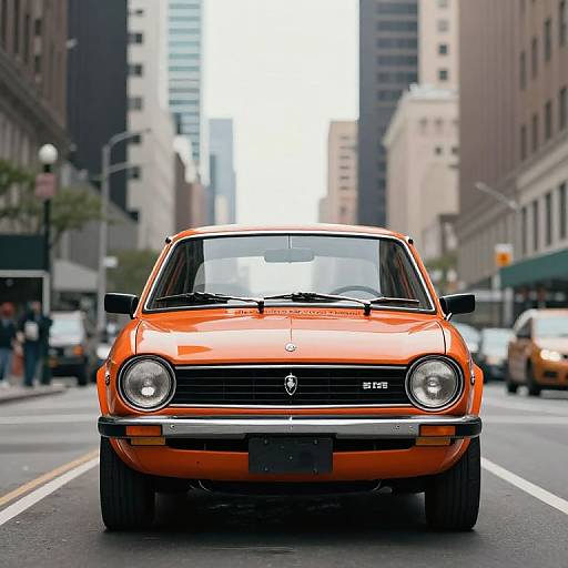 Photograph of a vibrant orange 1969 Dodge Charger driving down a busy urban street, surrounded by tall buildings and blurred city traffic.