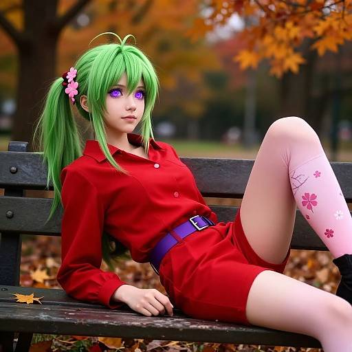 Digital anime-style drawing of a green-haired girl with purple eyes, wearing a red outfit and pink floral socks, lounging on a black bench in an