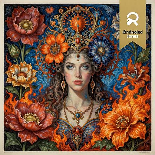 Digital art of a fair-skinned woman with intricate crown, surrounded by vibrant red and orange flowers, blue and orange background, adorned with golden jewelry.