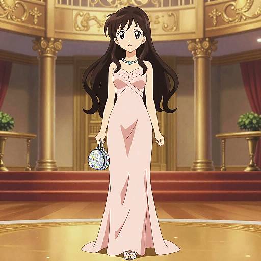 Anime Girl in Elegant Evening Gown in Luxurious Ballroom