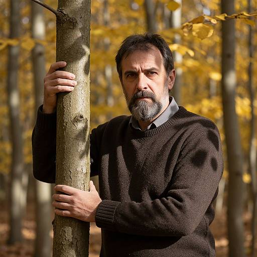 Middle-aged man with dark beard and brown sweater holding tree in sunlit autumn forest, wearing light blue shirt underneath. Photograph.