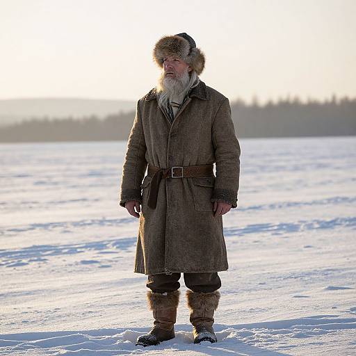 Photograph of a bearded elderly man in a brown fur-trimmed coat, gloves, and boots standing on a snowy field at sunset.