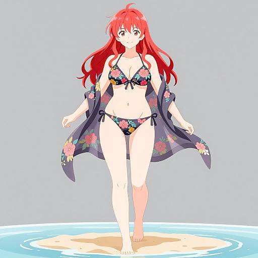 Vibrant Anime Girl in Floral Bikini