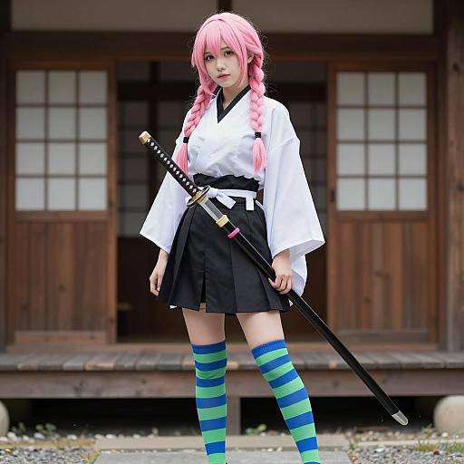 Cosplay Woman with Katana in Traditional Attire