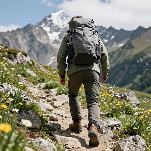 Photograph of a hiker with a gray backpack, green jacket, and brown boots, walking on a rocky mountain trail with yellow wildflowers and snow