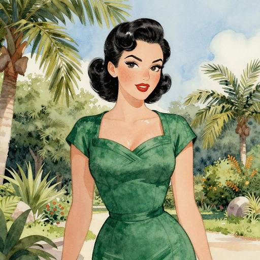 Digital illustration of a fair-skinned woman with black, wavy hair, wearing a green, short-sleeve dress, standing in a sunny,